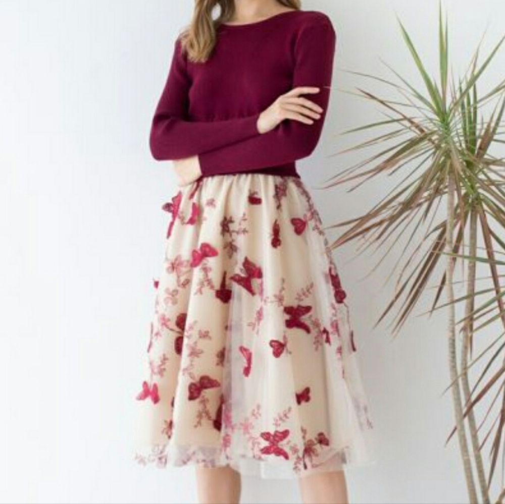 Chicwish Cream and Red Butterfly A-Line Dress